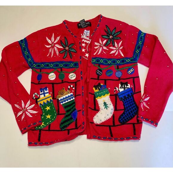 Christmas Sweater Hampshire‎ Studio Cardigan Size M Red Button Front A51 - Picture 1 of 7